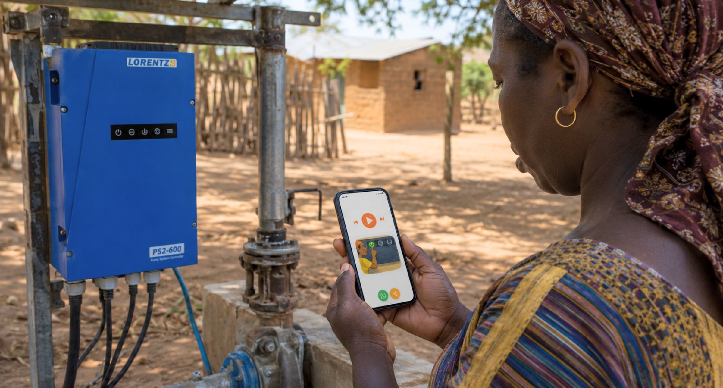 Woman in Senegal checking WOM.fm to better understand her solar pump.