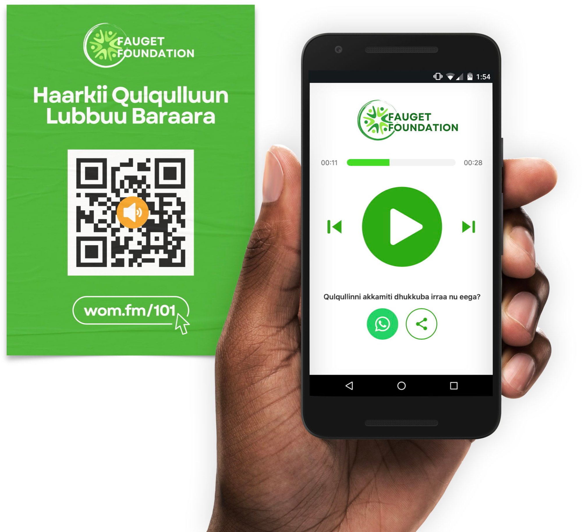 Poster with QR and a phone showing an Audio Flyer player (demo channel)